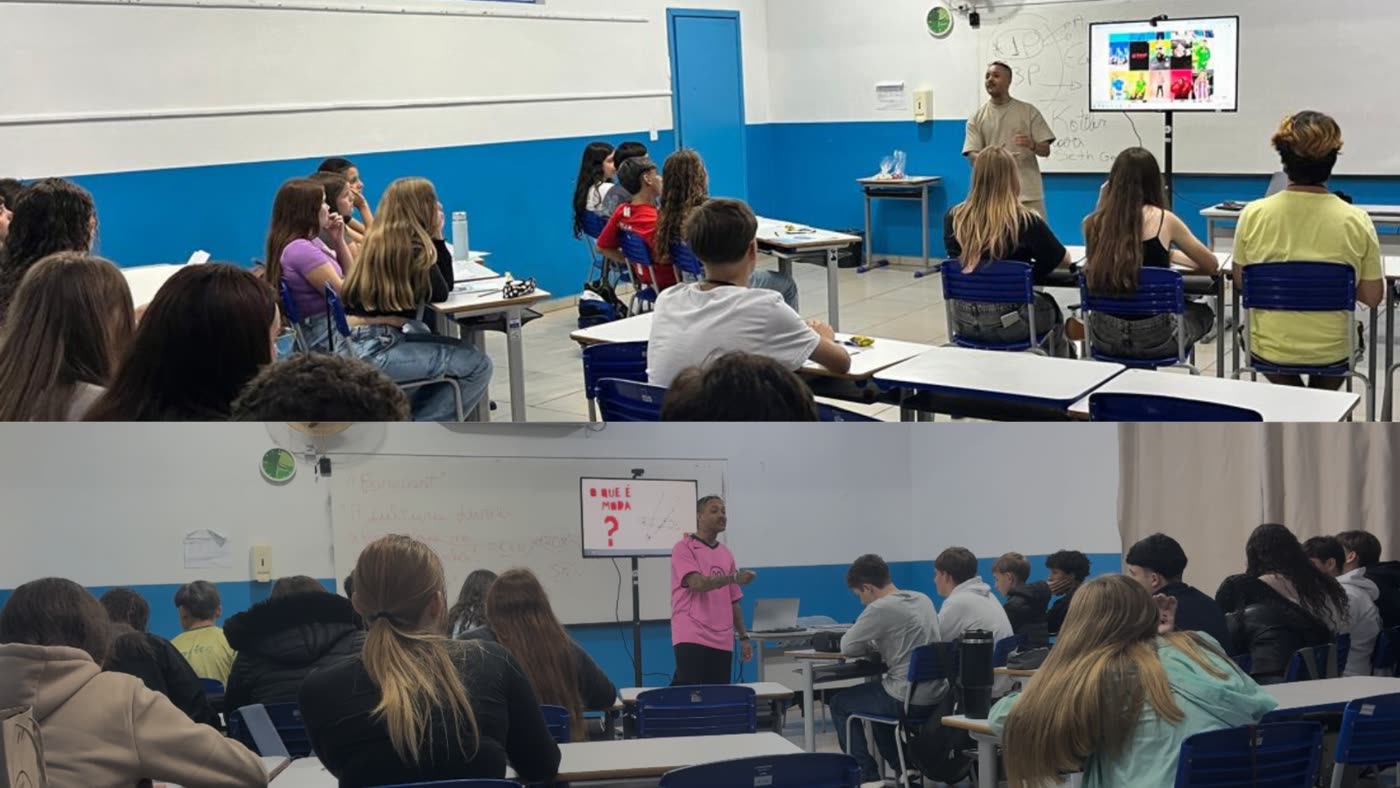 Pablo Pitzer ministrando aula sobre moda para estudantes